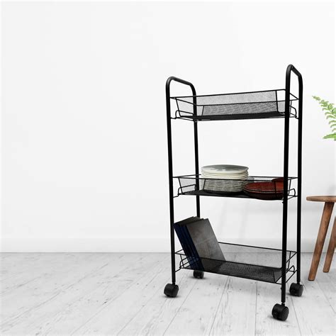 Slim Line Metal Trolley with 3 Mesh Storage Shelves, Iron Frame & Whee ...
