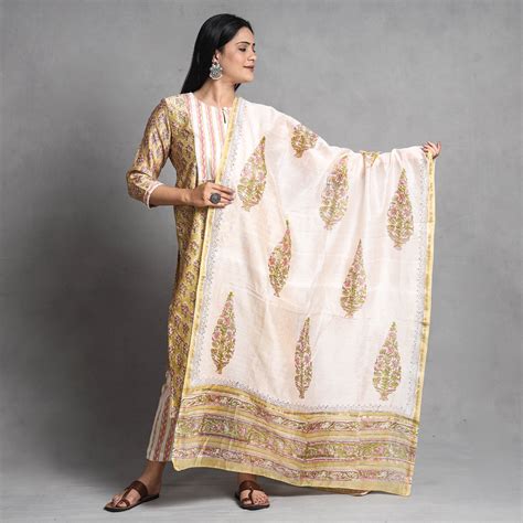 Yellow Sanganeri Block Printed Chanderi Silk Kurta with Palazzo ...