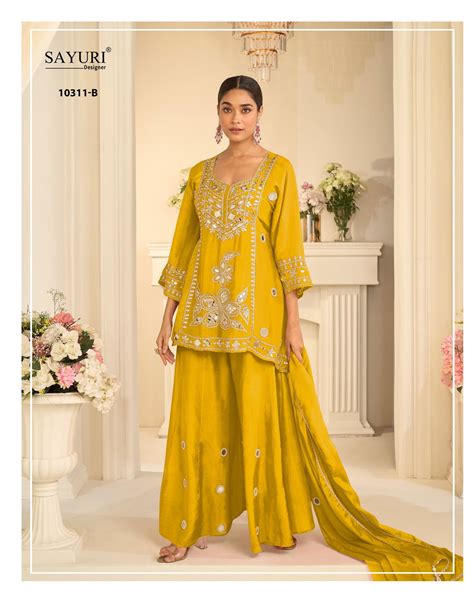 Sayuri Mirror 10311 Chinon Silk Mirror Work Top Gharara And Dupatta