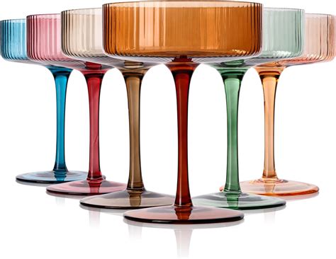 Amazon.com | Colored Vintage Art Deco Coupe Glasses Set of 6 |Ribbed 9 ...