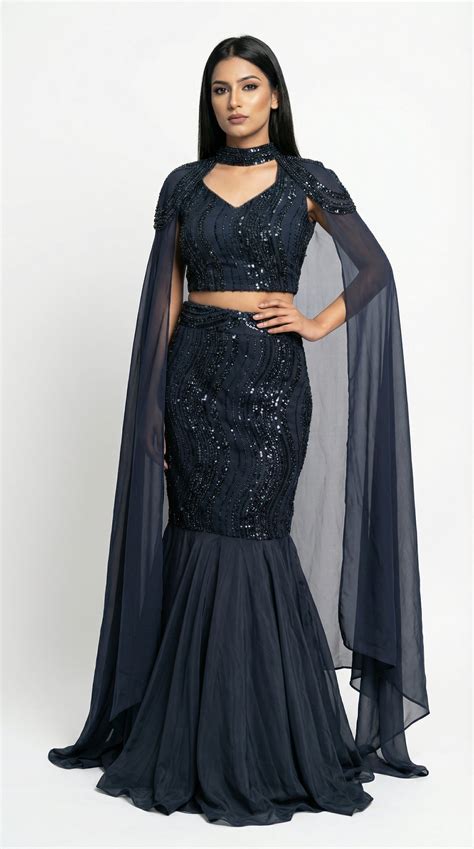 Navy Blue Fish Handwork Lehenga | Mermaid Skirt & Designer Cape Sleeve ...