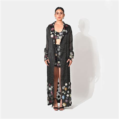 CHARLOTTE BLACK FLORAL SEQUIN EMBELLISHED TRENCH CO-ORD SET
