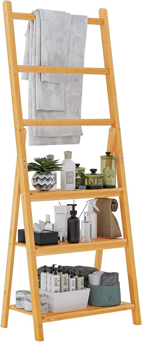 Buy VIAGDO Bamboo Bathroom Shelf , 3-Tier Ladder Self with 3 Towel Rods ...