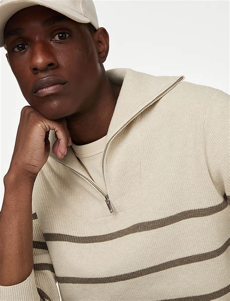 Buy Cotton Blend Striped Half Zip Jumper at Marks & Spencer