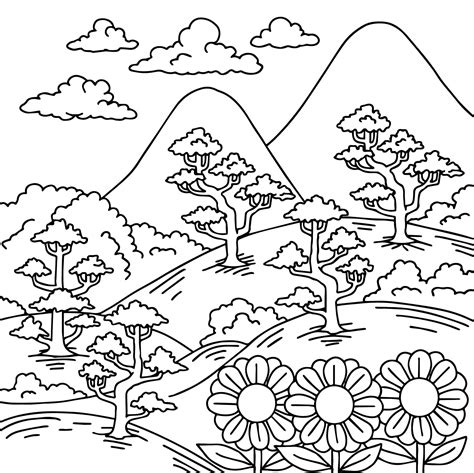 Print Design Nature Landscape Outline Coloring Page 12673533 Vector Art ...