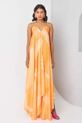 Buy Orange Satin Halter Neck Abstract Print Asymmetric Dress For Women ...