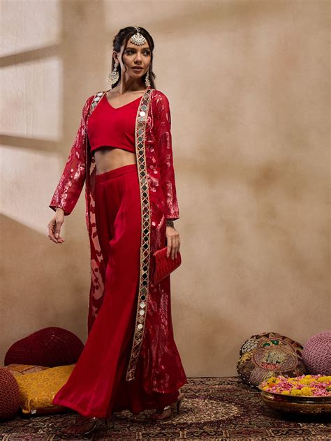 crop top with bell bottom pants and jacket in Red Color – Mabish Store