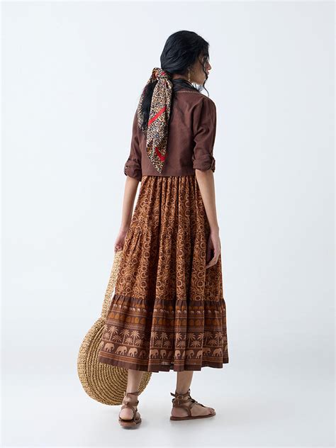 Buy Bombay Paisley Brown Floral Cotton Tiered Dress with Jacket from ...