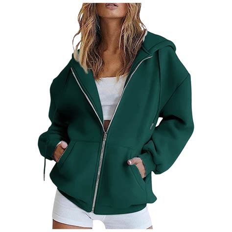 QYZEU Hoodies Women Solid Color Casual Full Zipper Hooded Sweatshirt ...