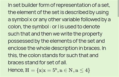 write in set builder form H={ 5, 5 ^2 , 5 ^ 3 , 5^4 please give a full ...
