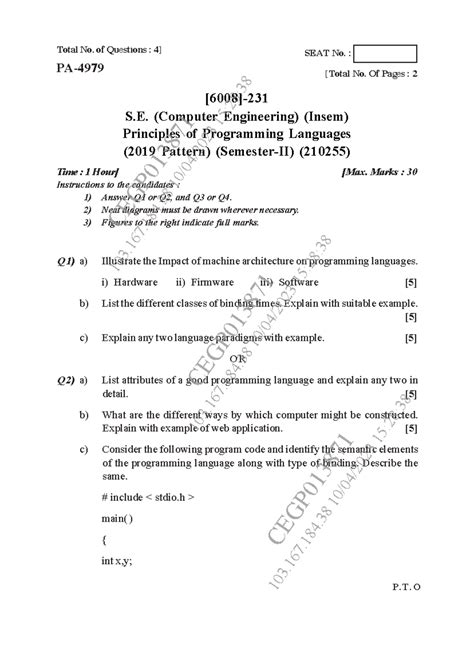 SE Comp Principles of Programming Languages - Total No. of Questions ...