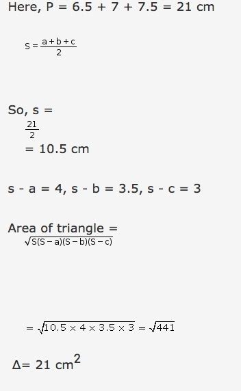 Find a area of a triangle whose sides are 6.5cm 7cm and 7.5cm by using ...