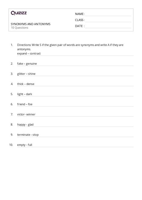 50+ Synonyms and Antonyms worksheets for 6th Class on Quizizz | Free ...