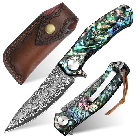 Buy Benkey Damascus Pocket Knife with Clip Leather Sheath Camping Knife ...