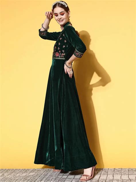Buy Green Yoke Design Velvet Anarkali Kurta With Churidar & Dupatta ...