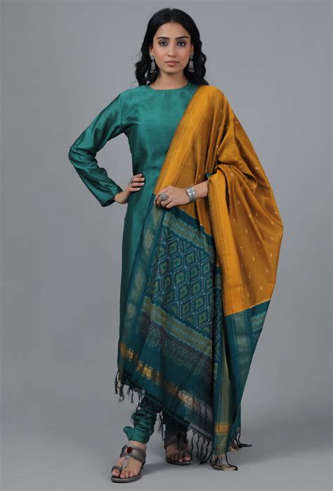 Ochre & Emerald Green Ikat Dupatta – TJORI