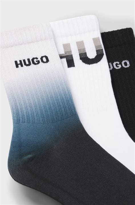 HUGO - Three-pack of quarter-length socks with logos - Black / White / Blue