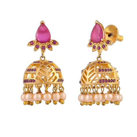 Red Drop Gold Toned Pearl Studded Earrings – VOYLLA
