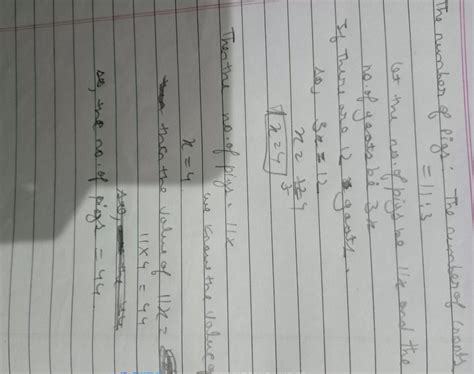 the number of pigs: the number of goats = 11:3 If there are 12 goats in ...