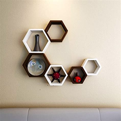 White and Brown Set of 6 Dual Tone Hexagon Bee Hive MDF Wall Shelves ...