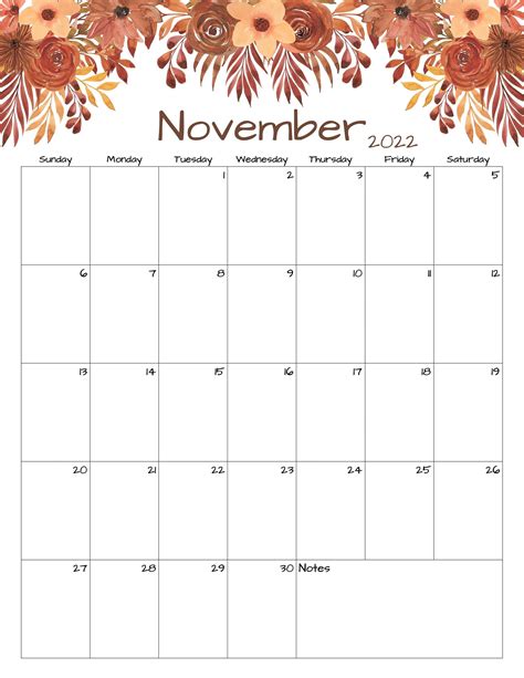 November Calendar November 2022 Printable Calendar Autumn Calendar ...