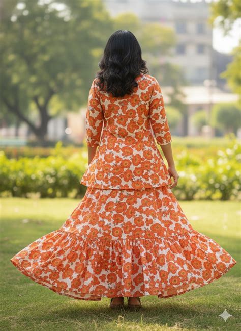 Women’s Orange Floral Printed Cotton Kurta with Flared Skirt Set – Aawari