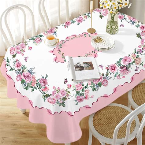 Amazon.com: Yighty Oval Rose Floral Tablecloth 60x84inch, Pink ...