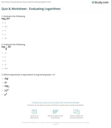 Quiz & Worksheet - Evaluating Logarithms | Study.com
