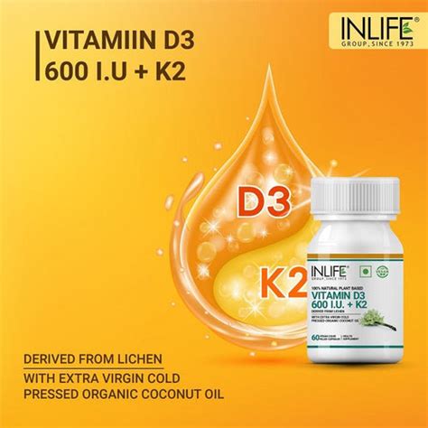 Inlife Plant Based Vitamin D3 K2 Supplement, Lichen Source, 600 IU | 6