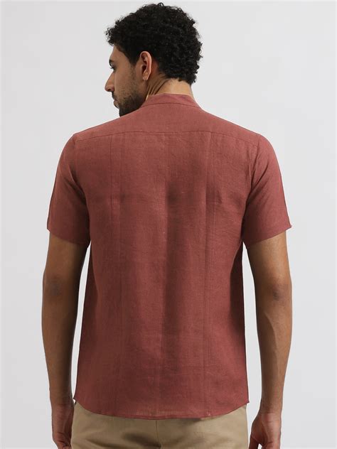 Terracotta Red Pure Linen Mandarin Collar Half Sleeve Shirt – Linen Trail