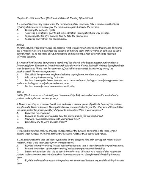 Chapter 03 Ethics and Law Practice Questions - Neeb's Mental Health Nursing Fifth Edition ...