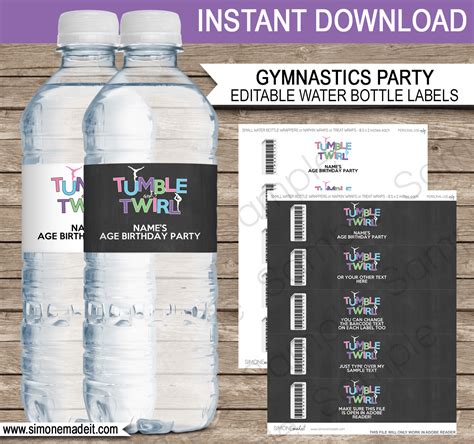 Gymnastics Party Water Bottle Labels | Editable Template