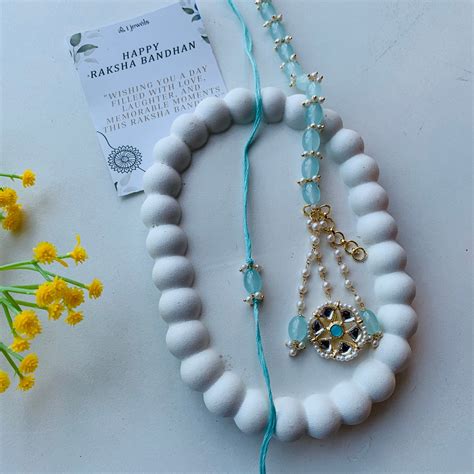 Turquoise Kundan Pearl Bhaiya Bhabhi Rakhi With Roli Chawal & Rakshaba
