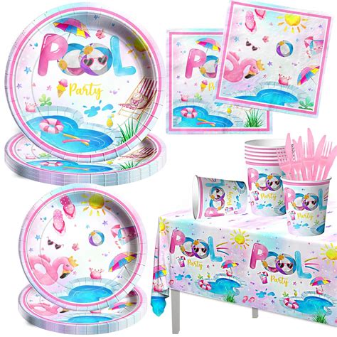 Pool Party Supplies,141pcs Pink Pool Birthday Tableware Decorations ...