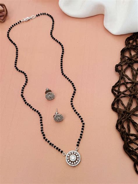 Round Cz Silver Plated American Diamond Mangalsutra Set ...