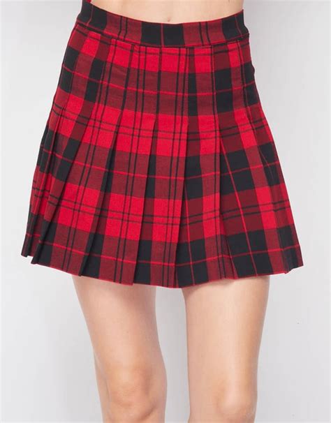 Red Pleated Plaid Skirt