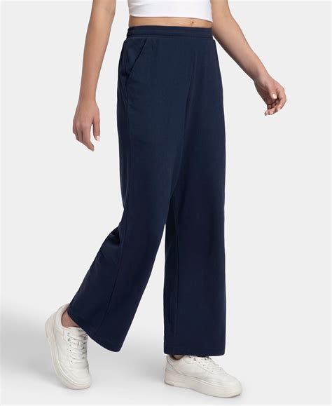 Buy Super Combed Cotton Rich Straight Fit Wide Leg Pants - Navy Blazer ...