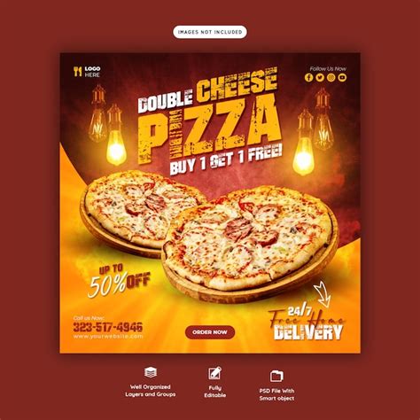Food menu and delicious pizza social media banner template | Free PSD