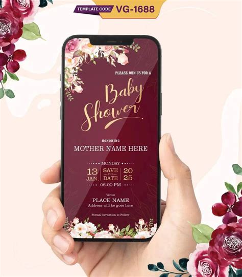 Floral Baby Shower Invitation | Elegant Burgundy Theme Digital Invite ...