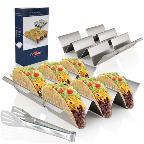 Taco Holder Stands, Set of 4 - Stainless Steel Taco Tray with Built-in ...