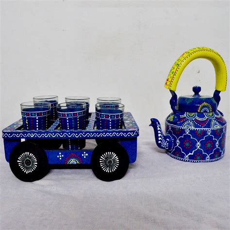 Wooden Kettle Tea Cart With 6 Glasses Set - Oxyroots Handicraft