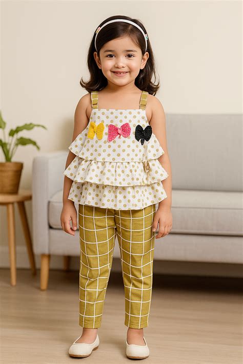 Girls Polka Dot Layered Top and Checkered Pants Set – Wish Karo
