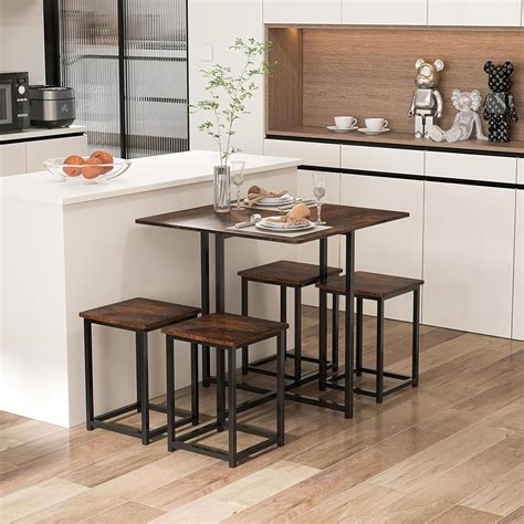 Cloudyfeel- Metal and Engineer Wood Dining Table Set Black 2.6 x 2.6 Ft ...