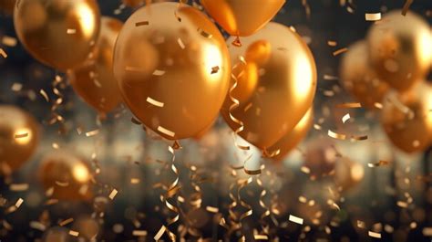 New year balloons shiny confetti falling down over golden baloons ...