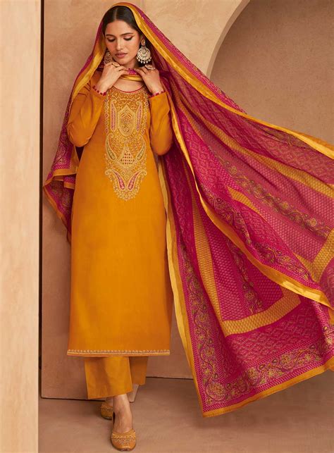 Mumtaz Arts Yellow Unstitched Cotton Satin Suit Dress Material for Lad ...