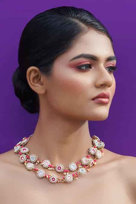 Buy Pink Mirror Embroidered Layered Choker Necklace by Kanyaadhan By ...