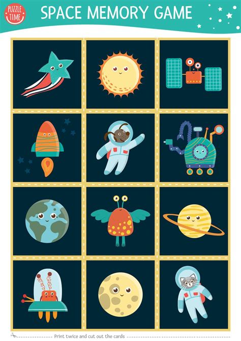 Space memory game cards with planets, alien, rocket. Matching astronomy activity with astronaut ...