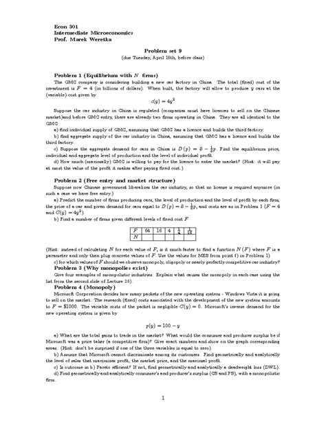 PS9 - Problem set solutions - Econ 301 Intermediate Microeconomics Prof ...