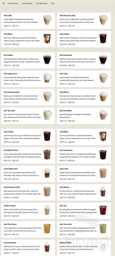 Koffi North Palm Springs menu in Palm Springs, California, USA