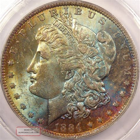 1884 - O Toned Morgan Silver Dollar Anacs Ms63 - Rainbow Toning